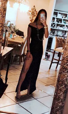 Black OFF THE SHOULDER Long Dress THIGH HIGH SLIT GOWN Size Small • $30