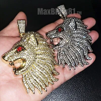 Large Lion Head Hip Hop Iced Gold Plated Cubic Zirconia Bling Charm Pendant • $14.99