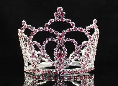Mini Heart Pink Austrian Rhinestone Crystal Full Hair Crown Tiara Bridal M289p • $12.99