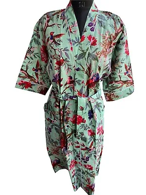 $49.49 • Buy Indian Bird Printed Kimono Cotton Bath Robes Maxi Night Gown Kimono Women Dress
