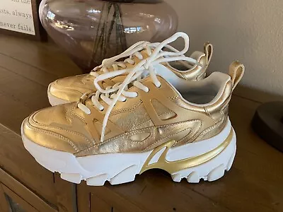 $225 Michael Kors Nick Gold Metallic Leather Trainer PLATFORM Sneakers Size 9 • $66.99