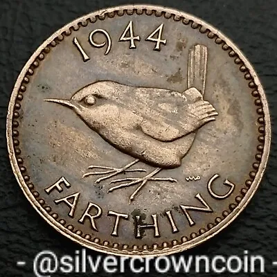 UK Great Britain Farthing 1944. KM#843. 1/4 Quarter Penny Cent Coin. Wren. Bird. • $4.39