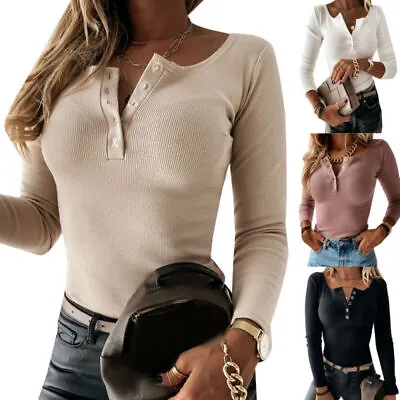 £6.95 • Buy Womens Button V Neck Ribbed T-Shirt Jumper Long Sleeve Slim Fit Blouse Shirt Top