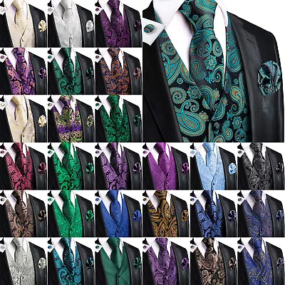 Mens Paisley Silk Waistcoat Gold Floral Vintage Jacquard Pocket Vest Suit Tie • $51.98