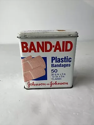Vintage 1983 Band-Aid Metal Tin Box Hinged Lid Johnson & Johnson 50 Sheer Decor • $11.04
