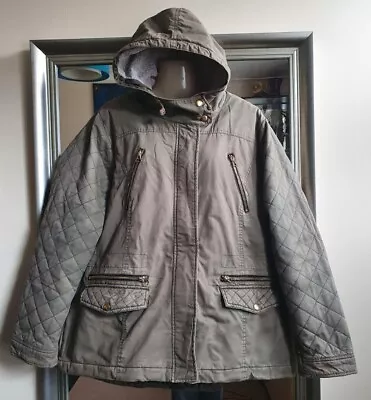 £12 • Buy Khaki Green Dorothy Perkins 3/4 Coat 16 Faux Sheepskin Hood Gold Zips & Studs