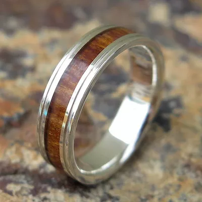 Hawaiian 925K Sterling Silver Koa Wood Dark Inlay Wedding Ring Band 6mm SWR1004 • $79.88