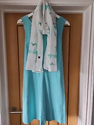 Handmade Linen Mix Turquoise Dress With Scarf Size M • £5