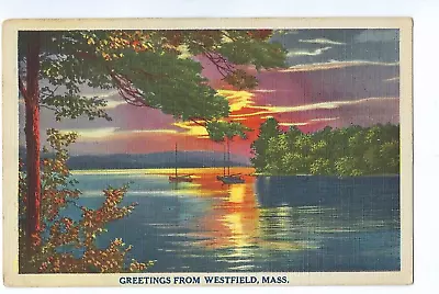 Greetings From Westfield Mass Postcard Lake Sunset Sailboats Linen • $4.95