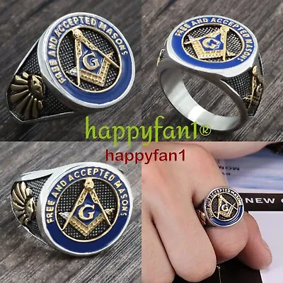 Masonic Blue Stainless Steel Men Ring Free Accepted Mason Freemasonry Size 7-13 • £14.43