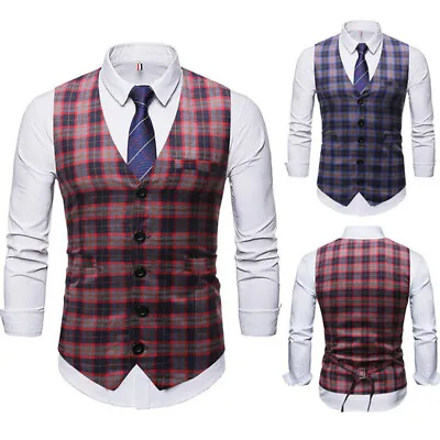 Mens   Waistcoat Plaid Slim Fit Formal V-neck Herringbone Suit Vest • $39.95