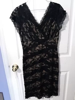 Marina Women's Black Lace Beaded Cocktail Sleeveless V-Neck Dress- Size 6 • $29.99