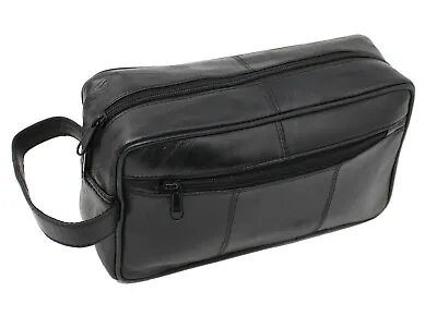 £11.90 • Buy New Mens Soft Black Leather Toiletry Travel Wash Bag Travel Kit Overnight 3510