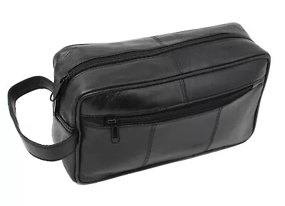 New Mens Soft Black Leather Toiletry Travel Wash Bag Travel Kit Overnight 3510 • £11.90