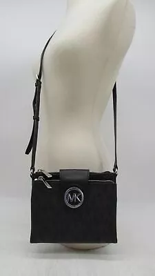 Michael Kors Fulton Black Signature PVC Large Adj. Crossbody Handbag Purse • $24.99