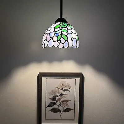 Enjoy Tiffany Style Mini Hanging Lamp Purple Stained Glass Green Leaves LED Bulb • $103.99