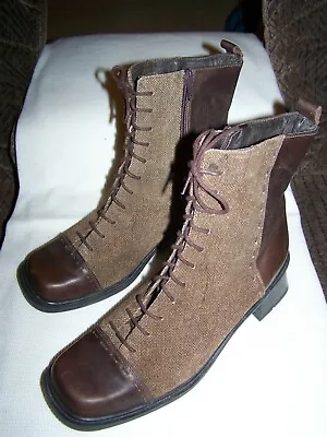 NAOT Womens BOOTS Brown SIZE 40 Steampunk Tweed Side Zip LEATHER Lace Up  • $42.99