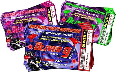 LASER TAG QUEST Ticket Style Birthday Party Invitations X4 Pink Green Or Red • £2.85