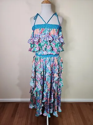 VINTAGE DIANE FREIS Georgette Smocked Halter Floral Tiered Ruffle Maxi Dress O/S • $74.99