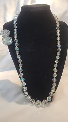 Aurora Borealis Crystal Necklace Vintage 24  With Clip On Earrings • $25