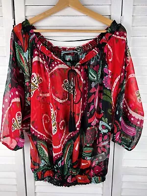 Desigual Floral Top Blouse Shirt Boho Sheer Sz 14 L  • $39