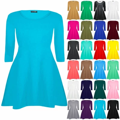 £5.99 • Buy Plus Size Ladies Long Sleeve Plain Flared Womens Party Mini Swing Skater Dress