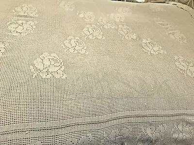 Crocheted Bedspread Cream Rose Floral Design Handmade Heavy Vtg 82 X104  Full • $57.95