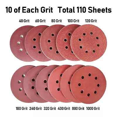 110Pcs 5in 8 Hole Sanding Discs Orbital Sandpaper Hook And Loop Assortment Grit • $16.99