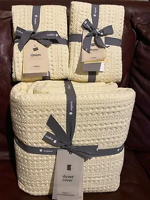 New West Elm Organic Textured Waffled King Duvet 2 King Shams Pearl Ivory Cream • $215.99