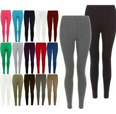 Womens Ladies Full Length Leggings Black + Colours Cotton Plain  • £4.89