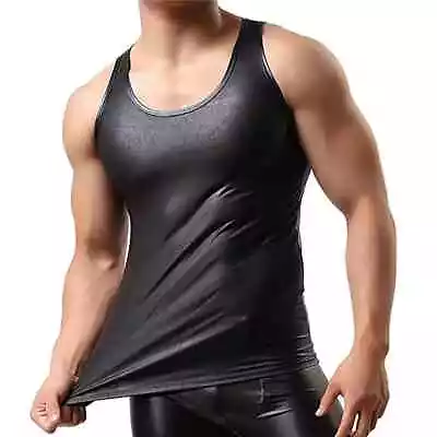 Mens Sexy Leather Look Tight Fitting Vest Muscle Top Black Sizes S M L XL 2XL • £12.95