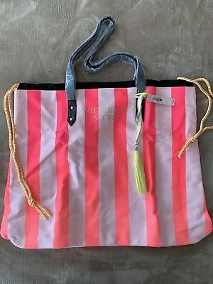 Victorias Secret Pink White Black Neon Stripe Beach Getaway Bag Tote Purse New • $24.95