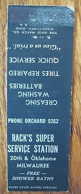 RACK'S GAS STATION 1940s MATCHBOOK MATCHCOVER: MILWAUKEE WISCONSIN -E28 • $5.93