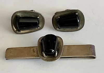 Vintage Cufflinks And Tie Clip Are Marked DS Taxco Mexico 925 Sterling Onyx • $54.95