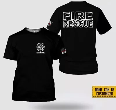 Custom Name Black Firefighter Logo Fire Rescue Pattern All Over Print T-Shirt • $20.95