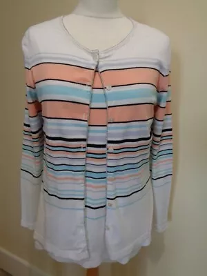 Marc Cain White And Multi Coloured Stripe Twinset - Size 14 (n.4) • £60