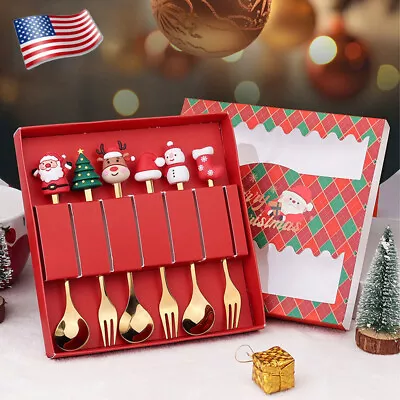 4/6PCS Christmas Gift Glod Spoon Fork Set Elk Christmas Tree Decoration Dessert • $12.49