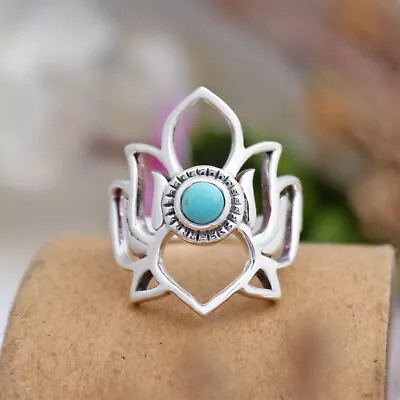 Natural Mexican Turquoise 925 Sterling Silver Lotus Ring Women Gift Jewelry S9 • $23.79