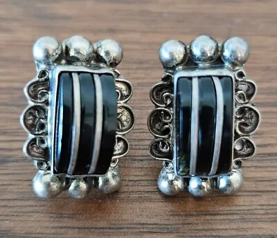 Vintage Mexico Sterling Silver Earrings Black Onyx Silver Scrolls Screw Back • $18