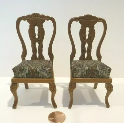 2 Dollhouse Miniature Wood  Chairs  Nice Design W/padded Fabric Covered Seats • $76