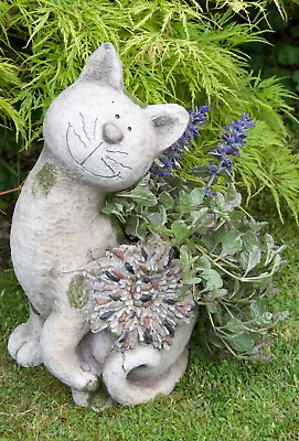 Cat Resin Pebble Planter Garden Figurine Plant Pot Holder Garden Indoor Ornament • £29.99