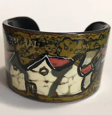 Hoi An Vietnam Hand Painted Lacquer Souvenir Cuff Bracelet Ancient Town Scene • $24