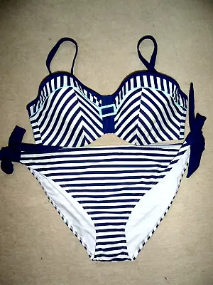 Panache Cleo Lucille Blue White Stripe Boost Bikini 36d Sz16 Tie Side Brief New • £25