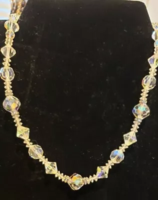 Vintage 16  Aurora Borealis Crystal Bead Necklace W/rhinestone Accents • $14.99