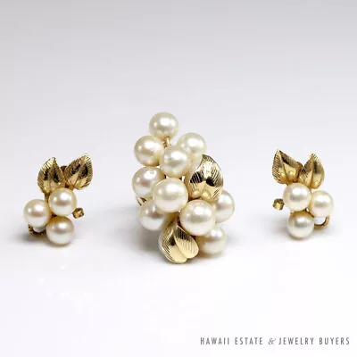 Mings Hawaii White Pearl 14k Yellow Gold Floral Ring And Clip Back Earrings  • $1100