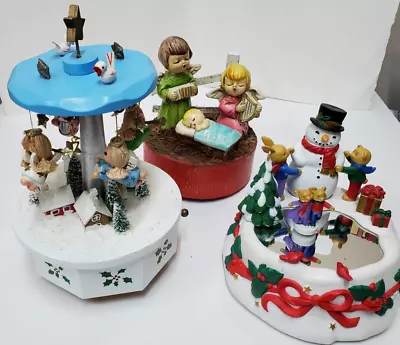 3 Vtg CAROUSEL MUSIC BOXES 1982 ENESCO  Angels Frosty's WInter Dance Nativity • $25