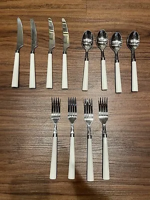 Vintage MCM White Handle Stainless Silverware 12 Piece -Forks Spoons Knives • $18