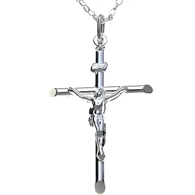 Large Mens Sterling Silver Crucifix Cross Pendant Necklace With 20  Silver Chain • £34.99