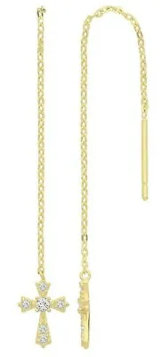 9ct Hallmarked Yellow Gold  Pave Set Cross Threader Earrings • £73.53