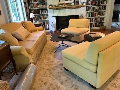 Vintage JJ Custom Gold Velvet Fringe Couch + Slipper Chairs/slate Coffee Table  • $4800